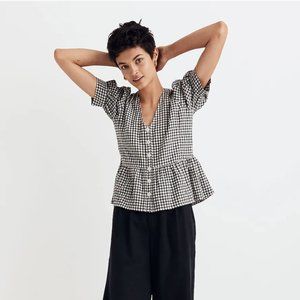 Madewell Brushed Gauze Puff-Sleeve Peplum Top in Gingham Check - Size XS